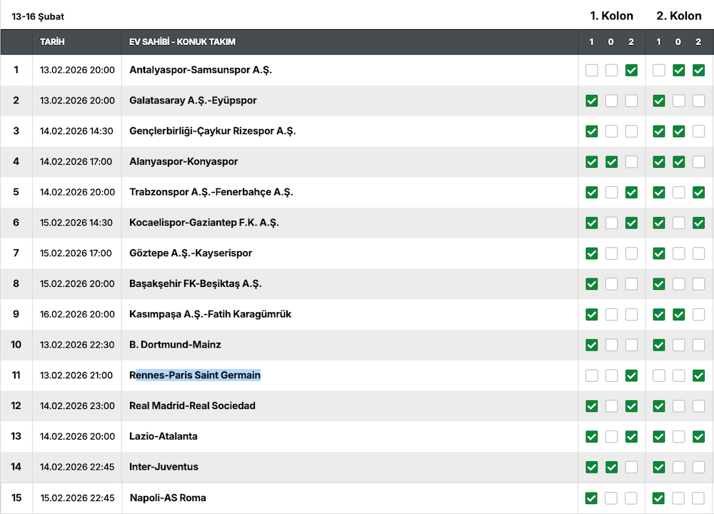 13-16 Şubat 2026 Spor Toto Tahminleri