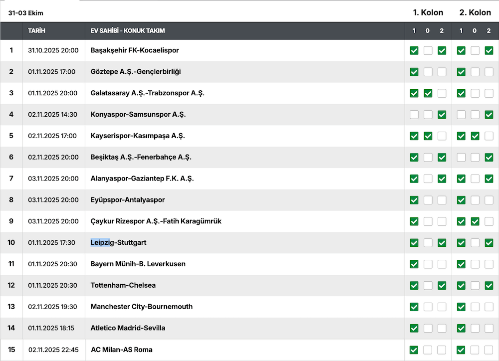 31 Ekim - 3 Kasım 2025 Spor Toto Tahminleri